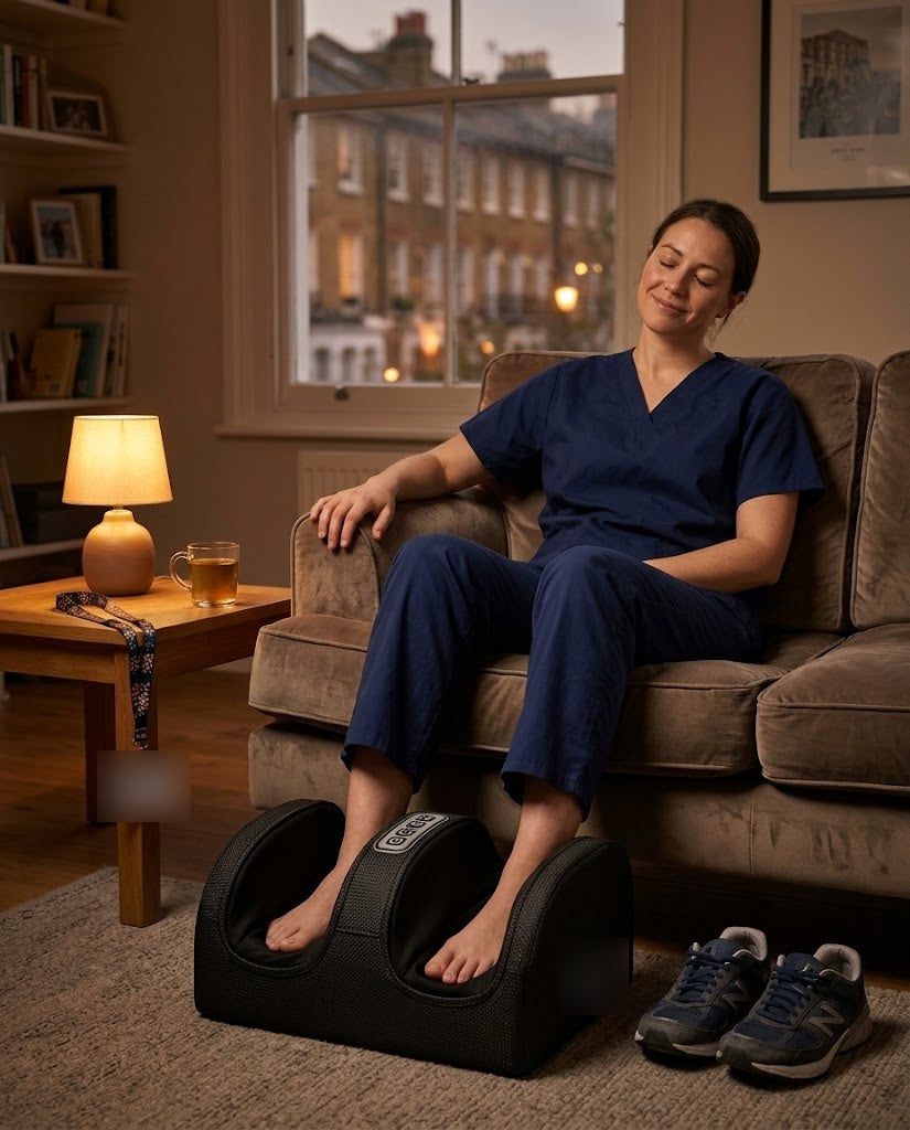 Nurse relaxing at home with her feet in the heated foot massager after a night shift
