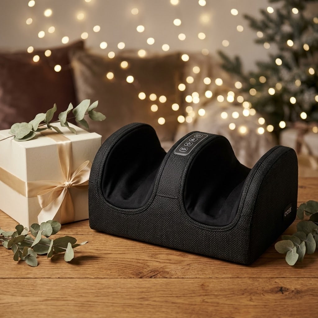 Heated foot massager as a Christmas gift beside a cream gift box