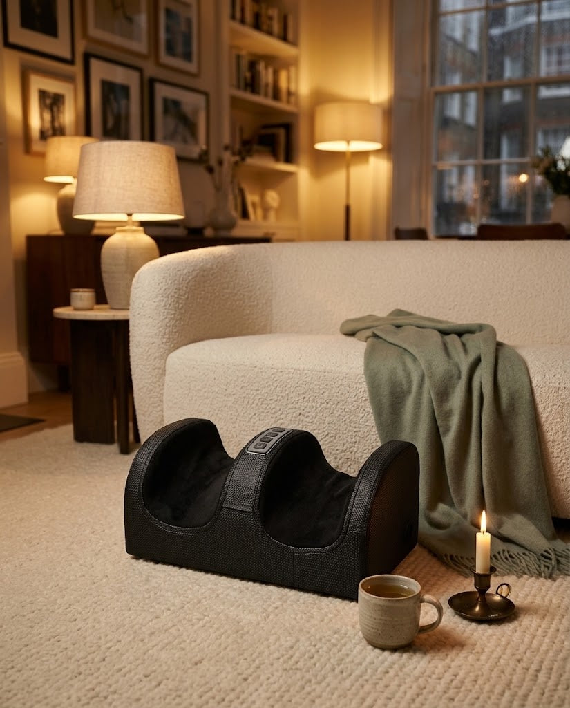 Heated foot massager on a cream rug in a cosy living room at night