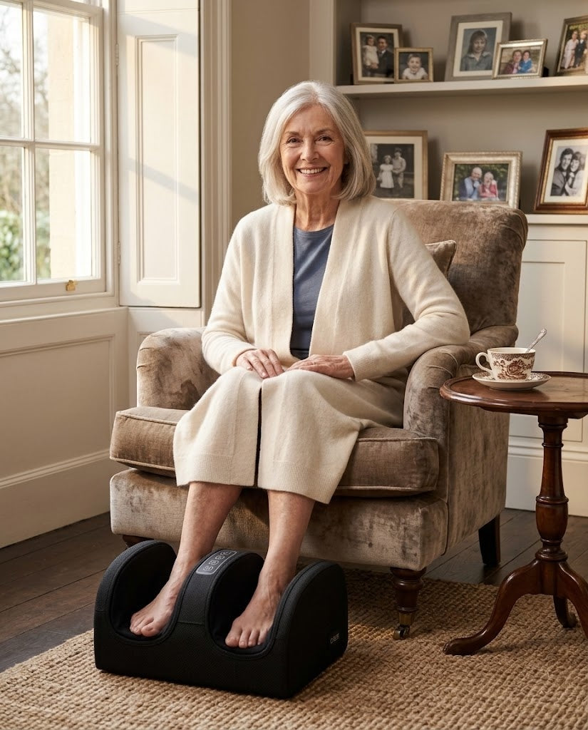 Older woman relaxing in an armchair using the heated foot massager