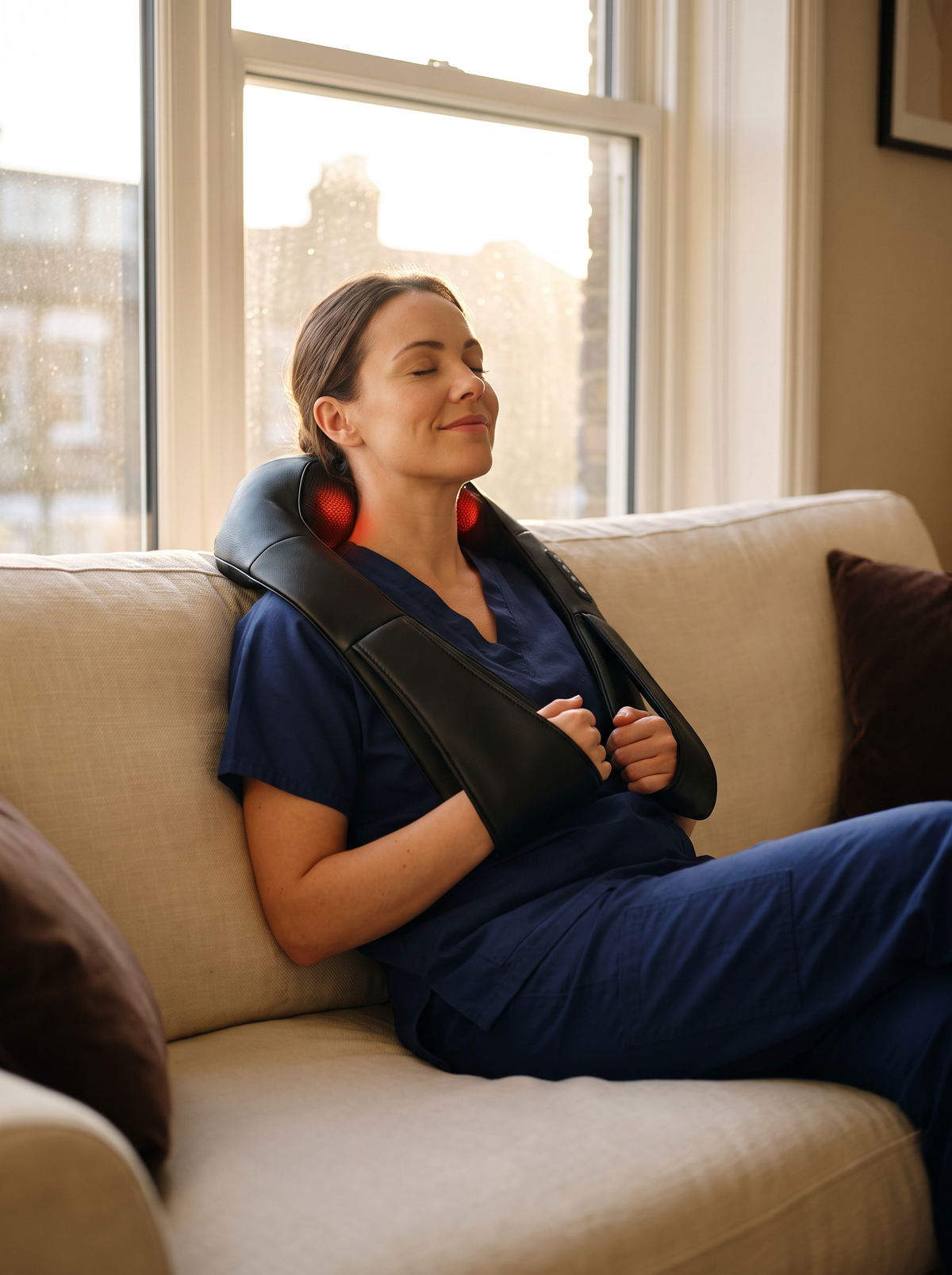 A healthcare worker in navy scrubs relaxing on a sofa at dawn after a night shift, wearing the Alithera heated shiatsu neck and shoulder massager
