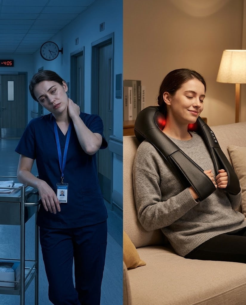Tired nurse in a hospital corridor at night, then relaxing at home wearing the Alithera neck and shoulder massager