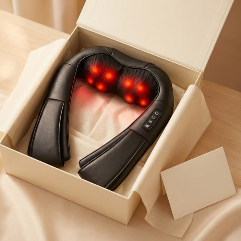 Alithera heated shiatsu neck and shoulder massager in a cream gift box with a blank card