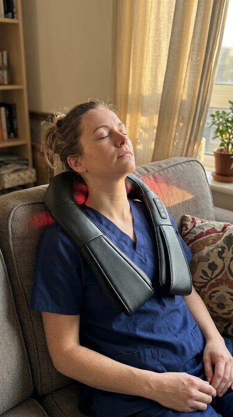 Healthcare worker in navy scrubs relaxing on a sofa at sunrise wearing the Alithera heated shiatsu neck and shoulder massager