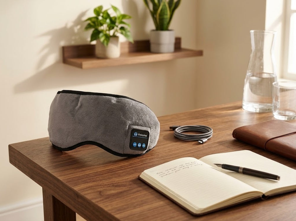 Alithera grey Bluetooth sleep mask with built-in headphone controls on a wooden desk beside its charging cable and a journal