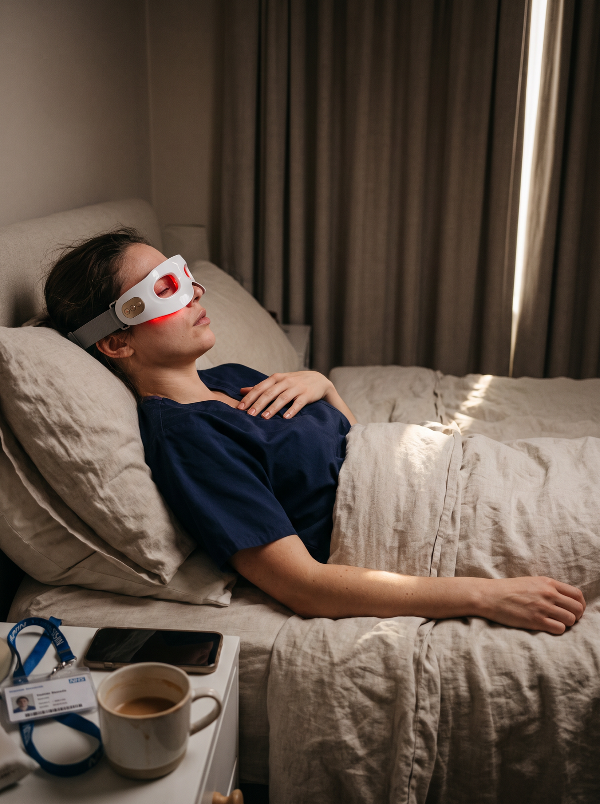 A healthcare worker home after a night shift, resting on her bed wearing the Alithera red light eye massager in soft morning light